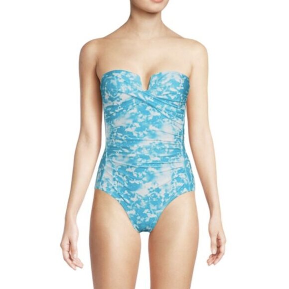 Calvin Klein Printed V-Notch Bandeau Tropical Waters One Piece Swimsuit 4 NWT - Picture 1 of 10
